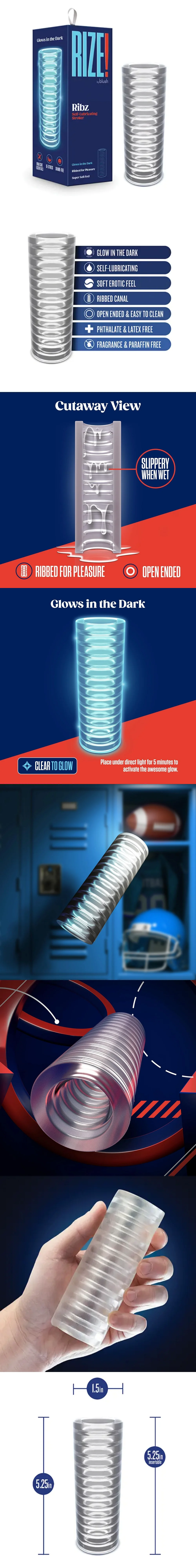 Blush Rize Ribz clear male masturbator with squeezable ribbed canal open ended stroker design