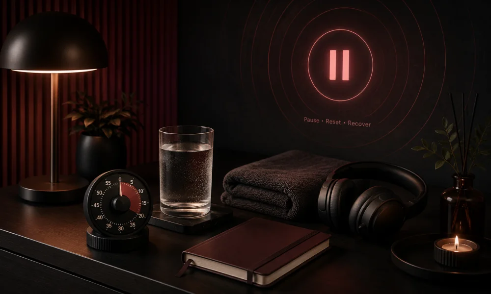 Gooning Safety and Aftercare Essentials Timer, water, towel, and headphones prepared for safer gooning aftercare