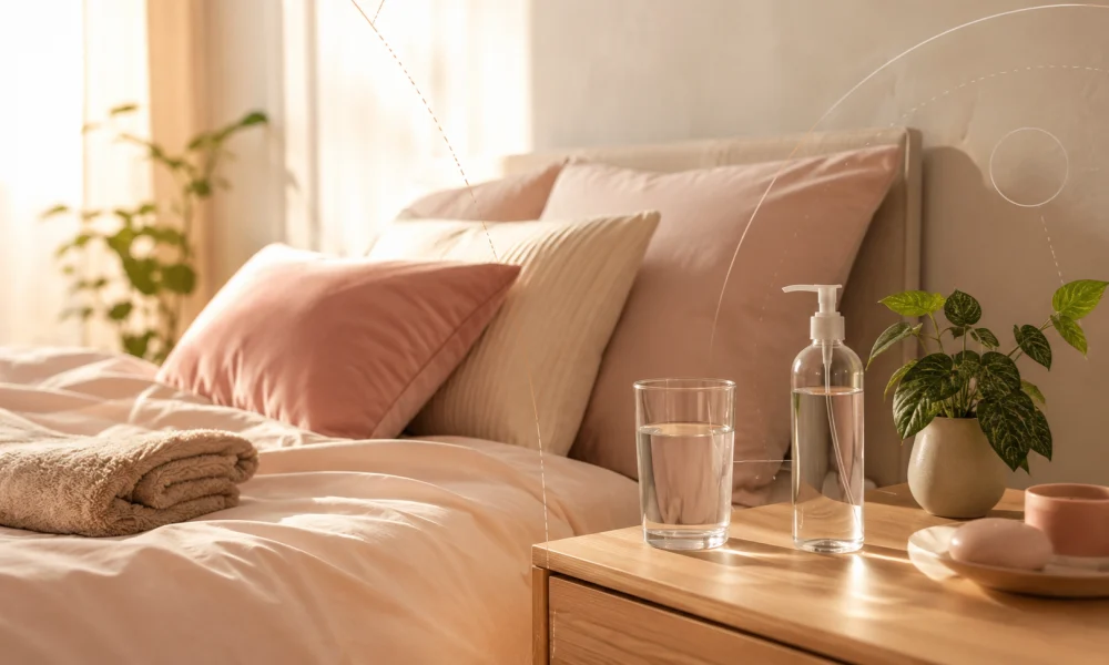Bedside preparation with lubricant, water, towel, and pillows for safer partnered intimacy