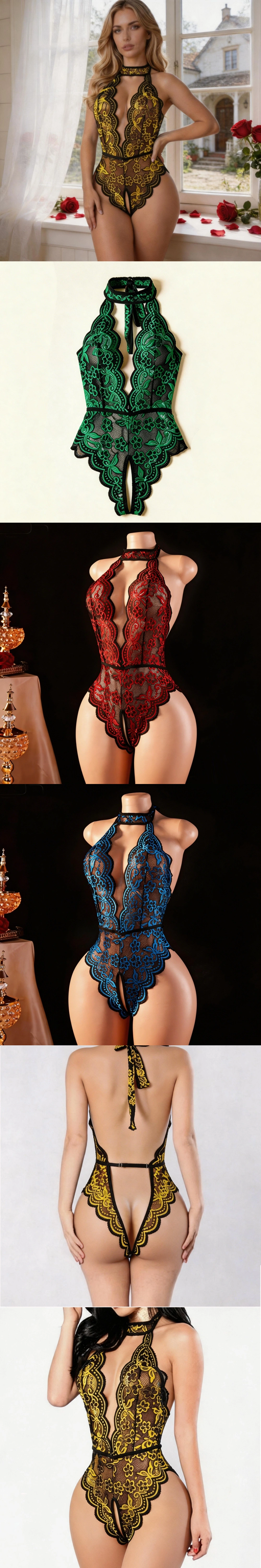  lace crotchless bodysuit backless halter teddy lingerie 