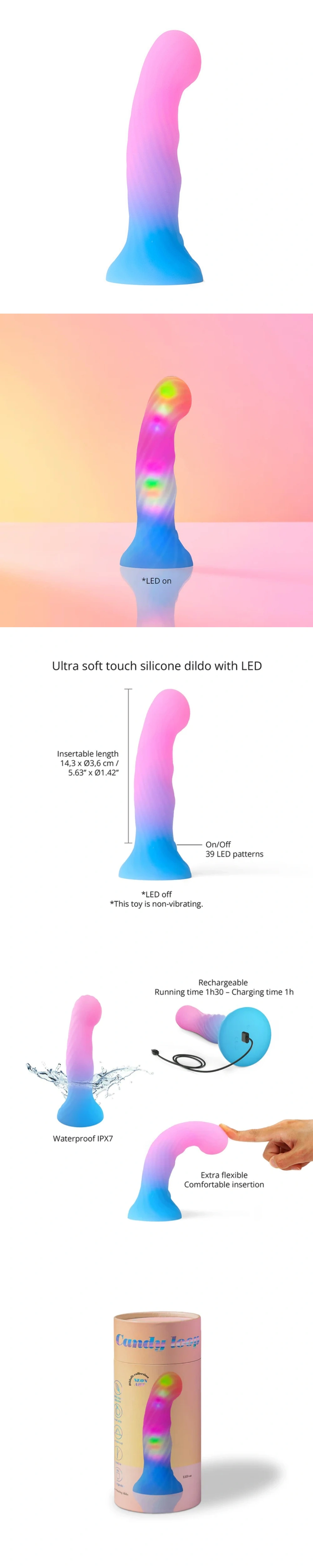 love to love candy loop 6 inch led suction dildo with 39 gradient lighting modes soft silicone hands free vibration toy