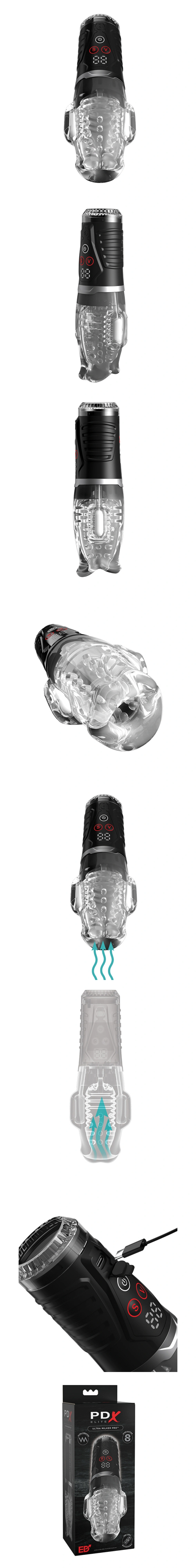 pdx elite ultra milker pro black automatic penis stroker with triple motor suction and textured tpe sleeve for men