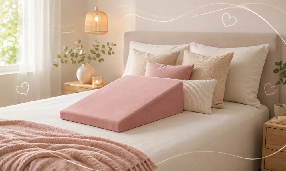 Pink wedge support pillow on a neatly made bed for a supported jackhammer position setup