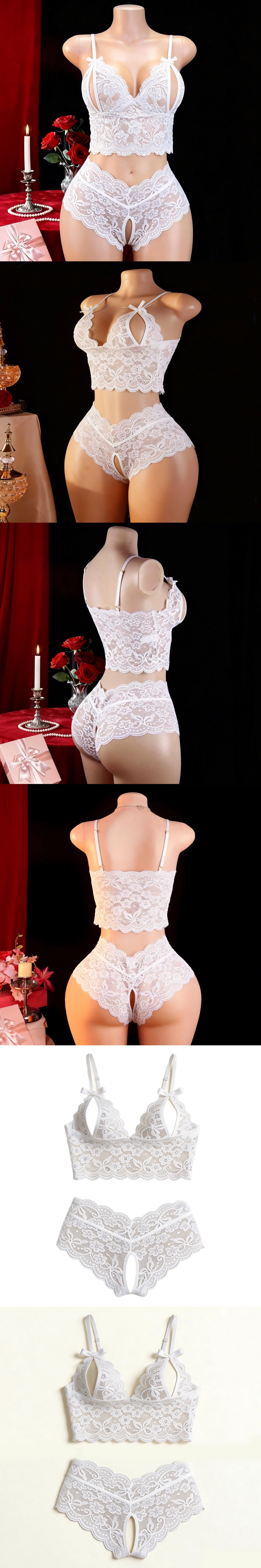 venusfun white lace lingerie set sexy sheer crotchless sleepwear