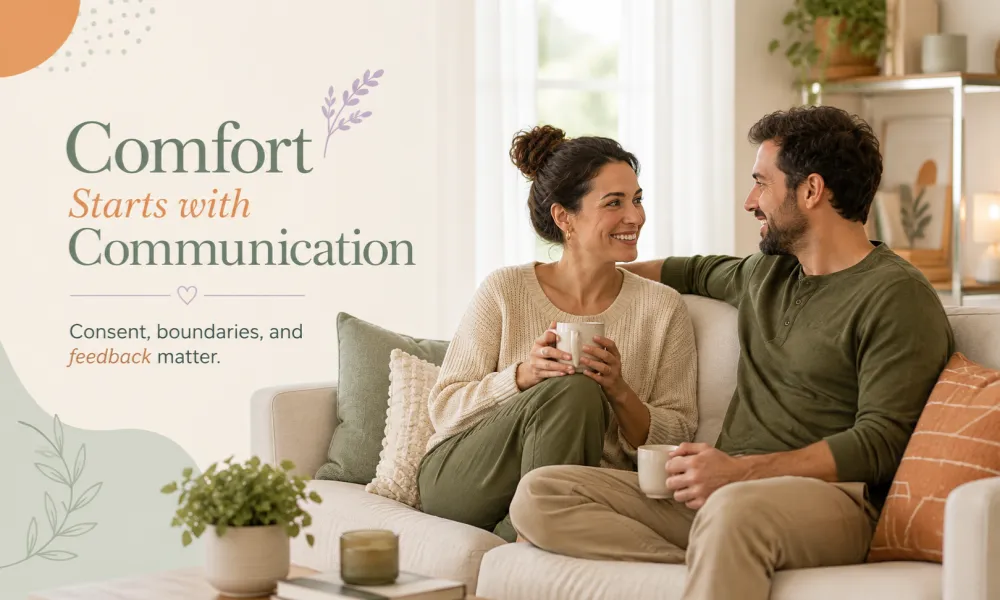 Comfort Starts With Communication Fully clothed adult couple discussing consent, comfort, and boundaries on a living room sofa