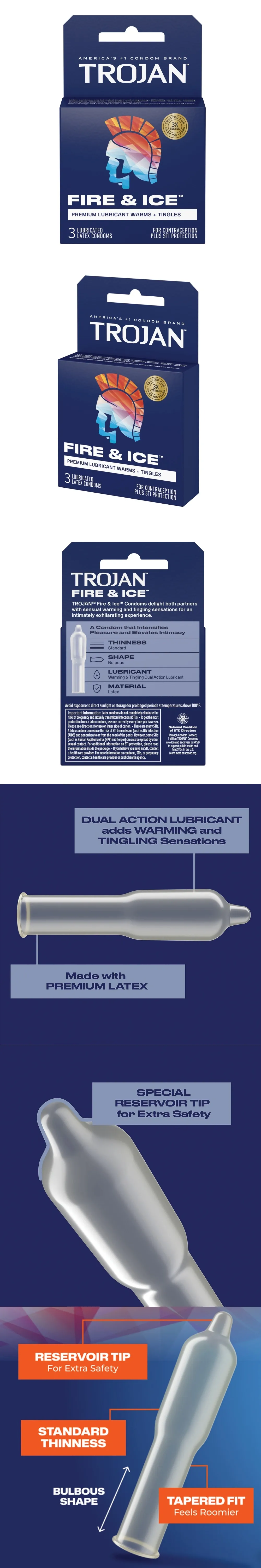trojan fire and ice dual action condoms with warming tingling lubricant and reservoir tip