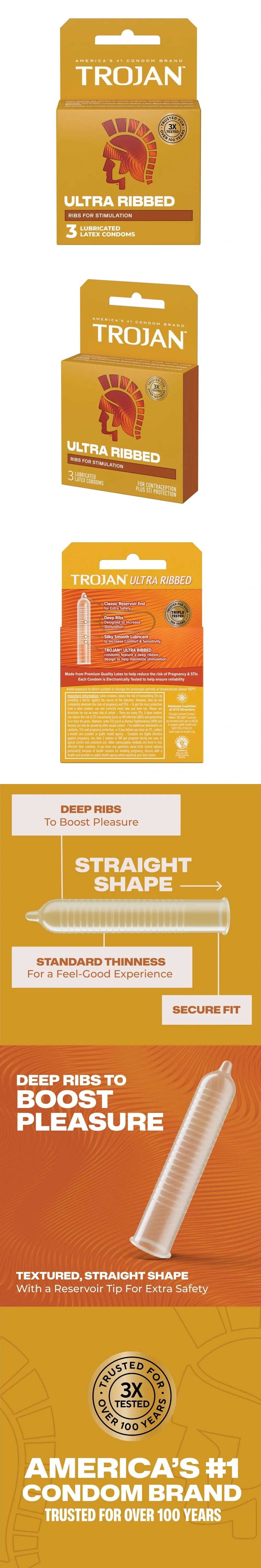 trojan ultra ribbed condoms box of 3 premium latex lubricated condoms with deep ribbed design