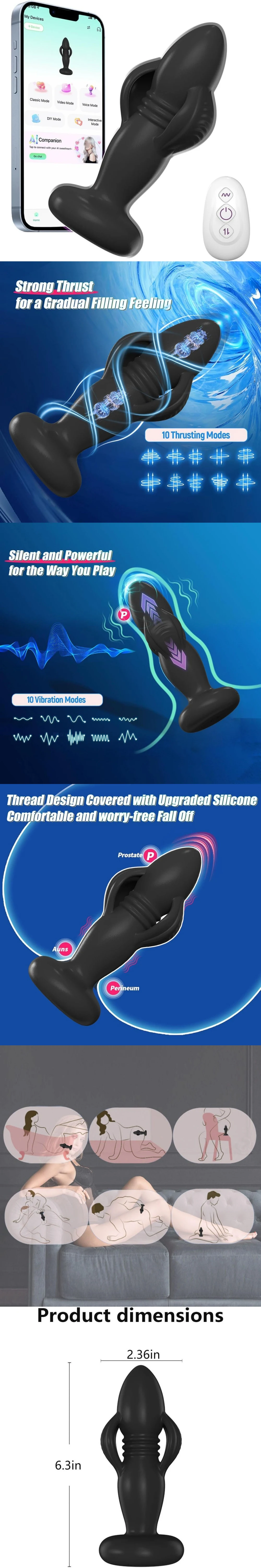 Venusfun prostate massager for men with 10 modes telescopic motion remote control and silicone anal plug