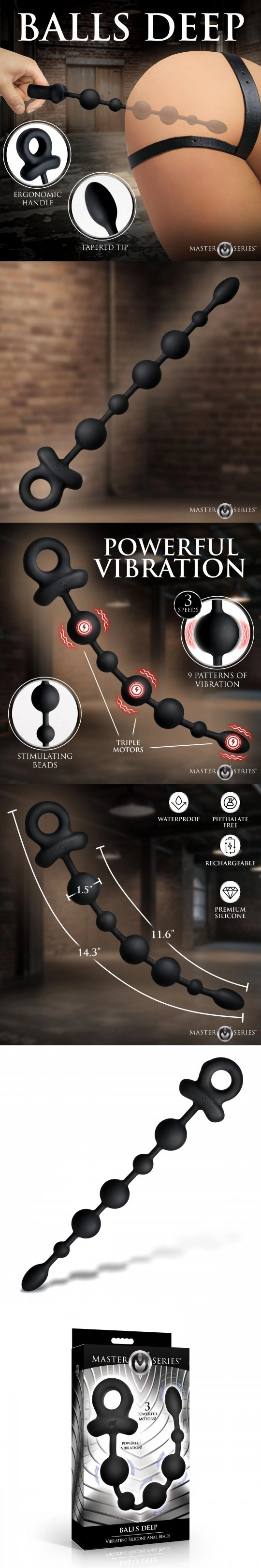 Master Series Balls Deep Triple Motor Vibrating Silicone Anal Beads 9 Patterns 11.6 Inch
