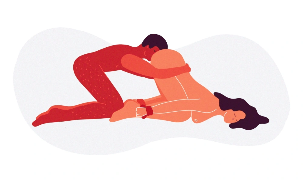 Bondage Doggy position with supported kneeling restraint and soft cuffs