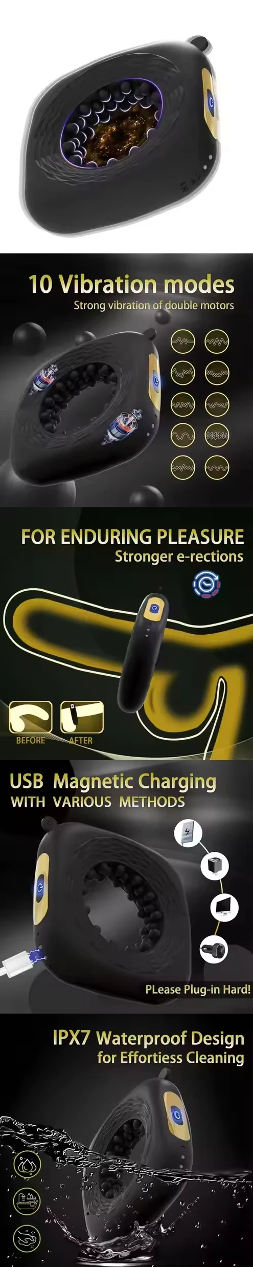 Venusfun Climax Booster Square Cock Ring Vibrator with 10 Modes Dual Motor Vibration
