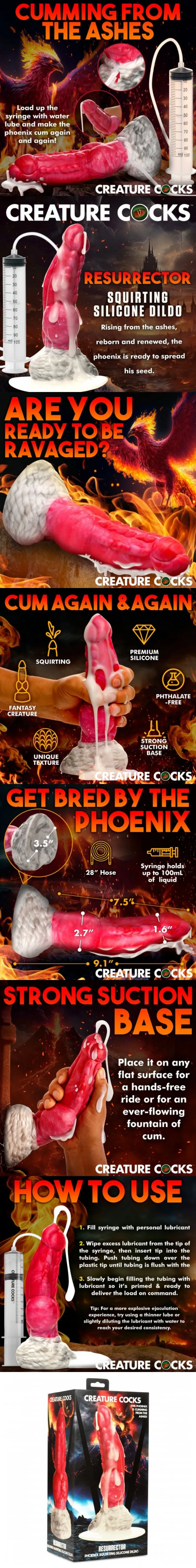 Creature Cocks Resurrector Phoenix squirting silicone dildo with 7.5 inch insertable textured shaft thick knot 100mL syringe and suction cup base