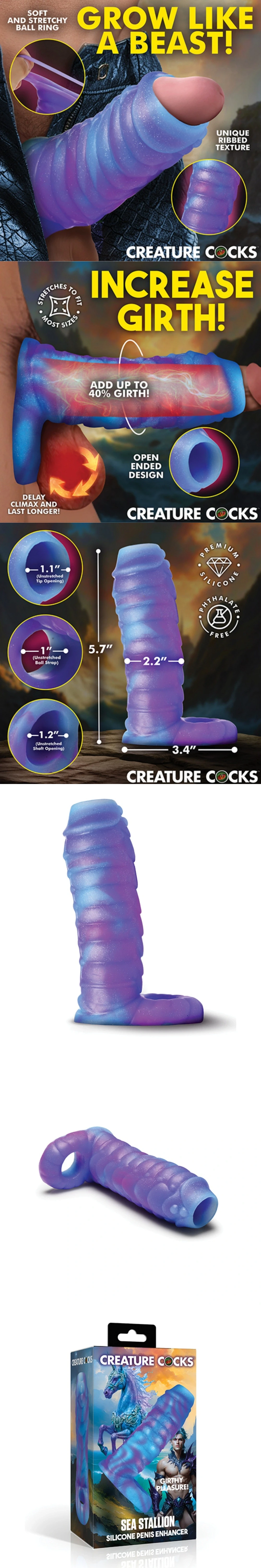 Creature Cocks Sea Stallion silicone penis enhancer with ribbed beaded scaled texture open tip and integrated ball strap for men