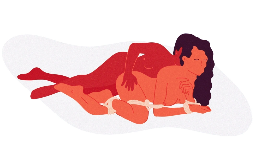 Sexy Spoon bondage position with side-lying restraint and close body contact