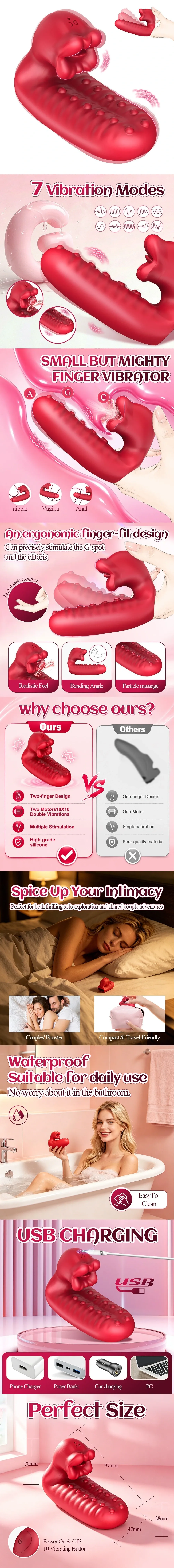 Venusfun dual motor rose tongue finger vibrator with 7 vibration modes two finger fit waterproof silicone and targeted G Spot clitoral stimulation