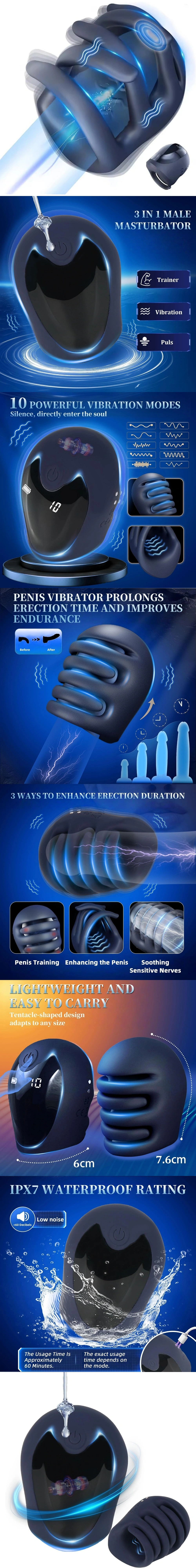 Venusfun Intense Electric Glans Trainer with 10 vibration modes 3D textured silicone surface LCD display and waterproof design for men