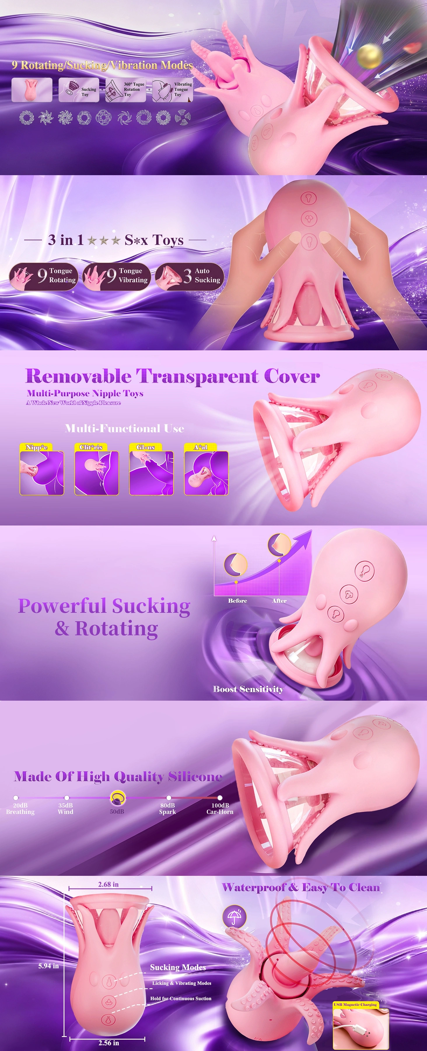 Venusfun Octopus Nipple Sucker with 9 modes 3 suction levels soft licking tongue transparent window flexible tentacles and clitoral stimulation