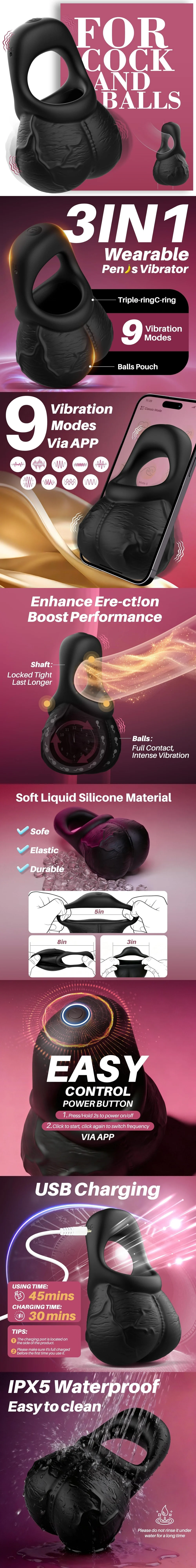 Venusfun 3 in 1 vibrating cock ring with 9 modes app control silicone testicle pouch and wearable testicle vibrator for men