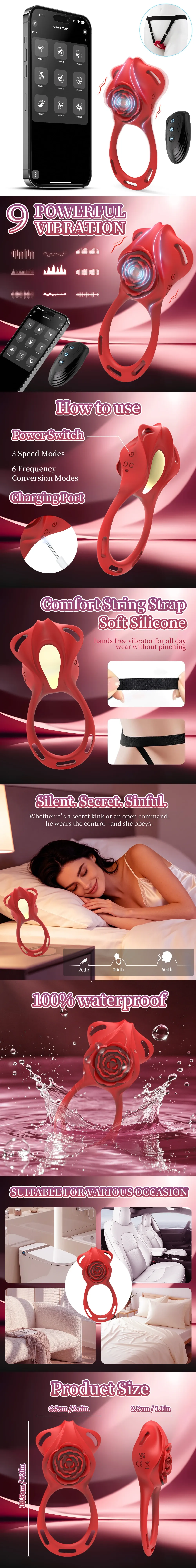 Venusfun wearable rose vibrating cock ring with 9 modes app control remote controller waterproof silicone and clitoral stimulation for couples