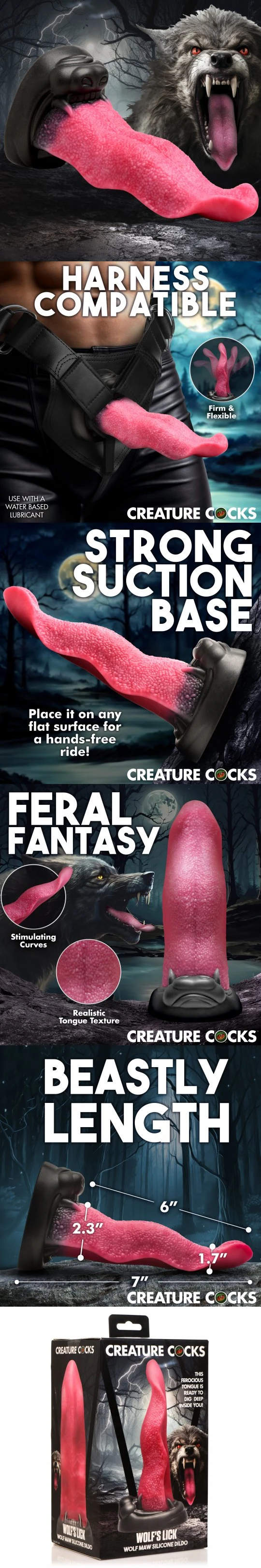Creature Cocks Wolf's Lick 7 Inch Textured Tongue Silicone Fantasy Dildo with Suction Cup