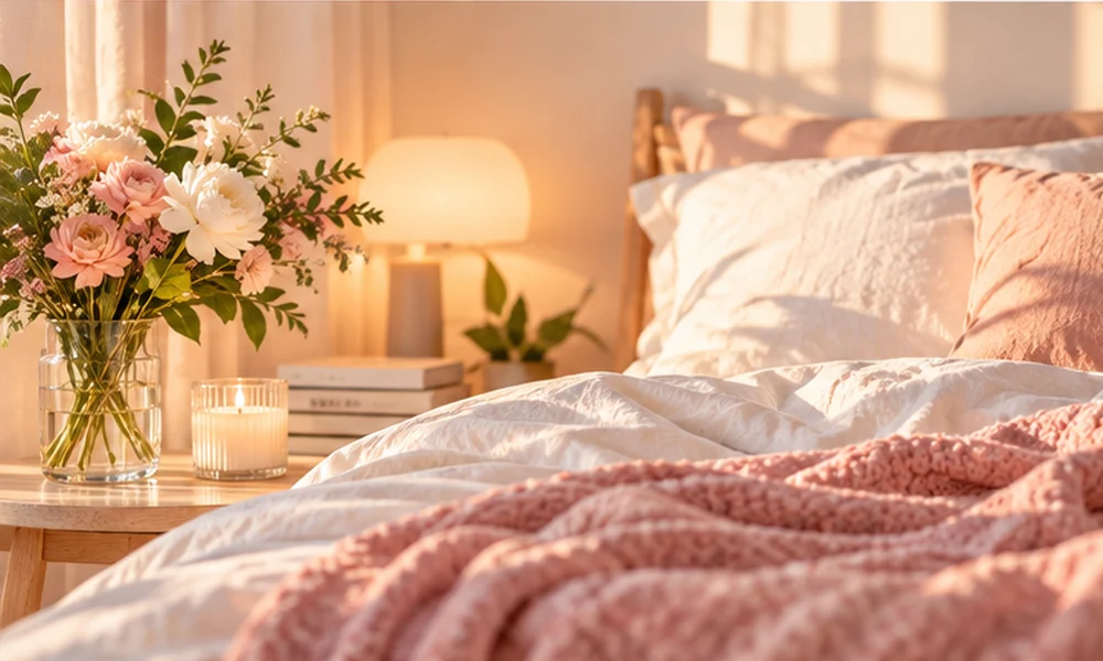 Cozy bedroom with soft pink bedding, warm sunlight, and fresh flowers creating a relaxing atmosphere Cozy bedroom with soft pink bedding, warm sunlight, and fresh flowers creating a relaxing atmosphere