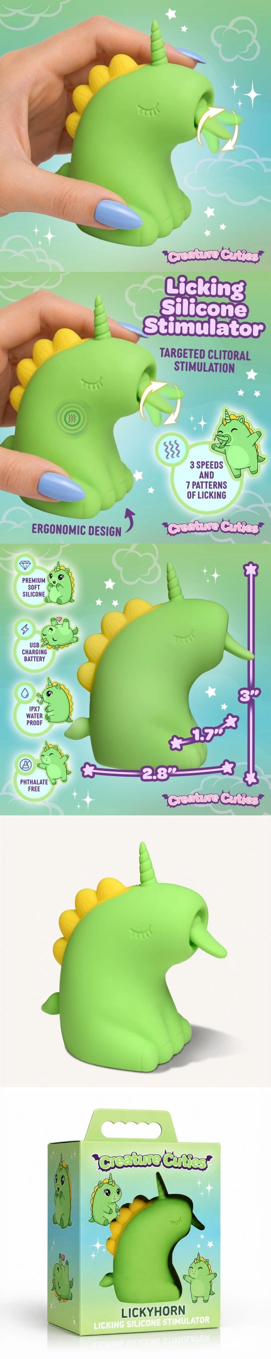 Creature Cuties Lickyhorn Licking Clitoral Vibrator with 3 Speeds and 7 Patterns