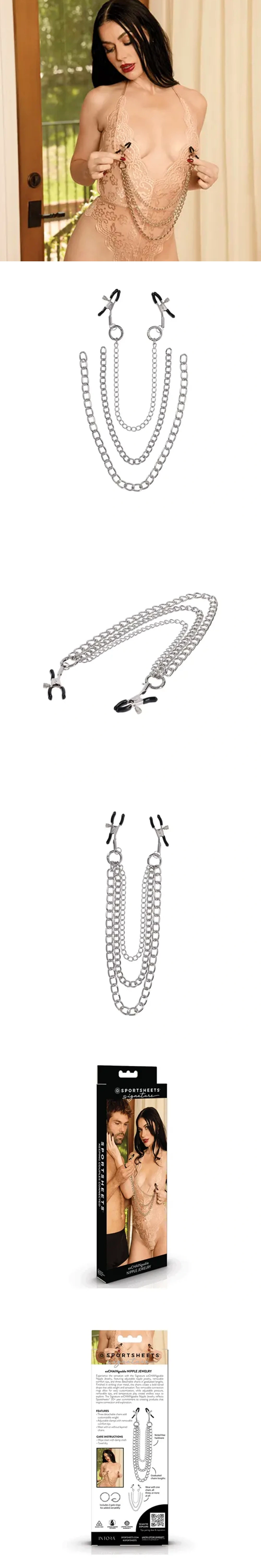 Sportsheets Signature exCHAINgeable Adjustable Nipple Clamps with 3 Detachable Silver Chains