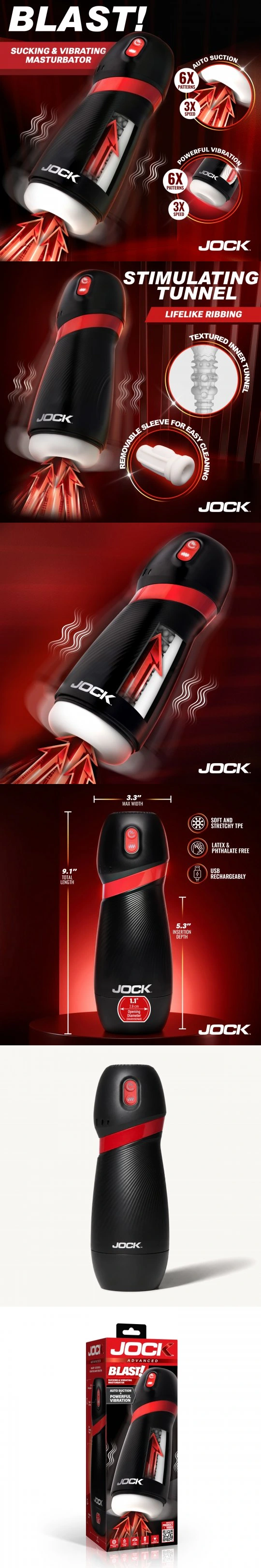 Jock BLAST Sucking Vibrating Automatic Masturbator with 3 Speeds and 6 Patterns