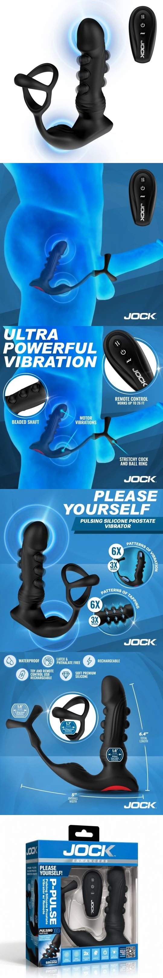 Jock P-Pulse Pulsing Silicone Prostate Vibrator with Remote Control and Dual Motors