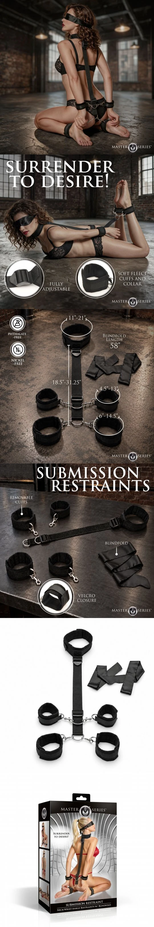 Master Series Submission Restraint Neck Wrist Ankle Cuffs with Blindfold and Adjustable Strap Master Series Submission Restraint Neck Wrist Ankle Cuffs with Blindfold and Adjustable Strap