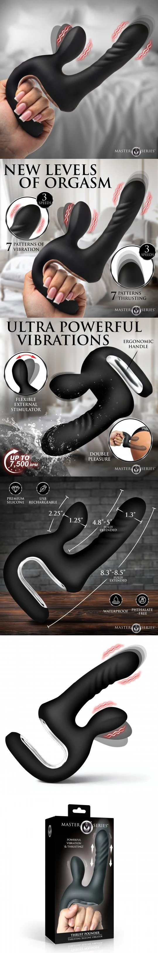Master Series Thrust Pounder Handheld Thrusting Silicone Vibrator 7 Modes