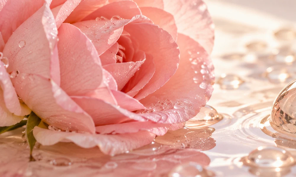 Pink rose petals and clear water droplets symbolizing natural vaginal lubrication and feminine wellness. Pink rose petals and clear water droplets symbolizing natural vaginal lubrication and feminine wellness.