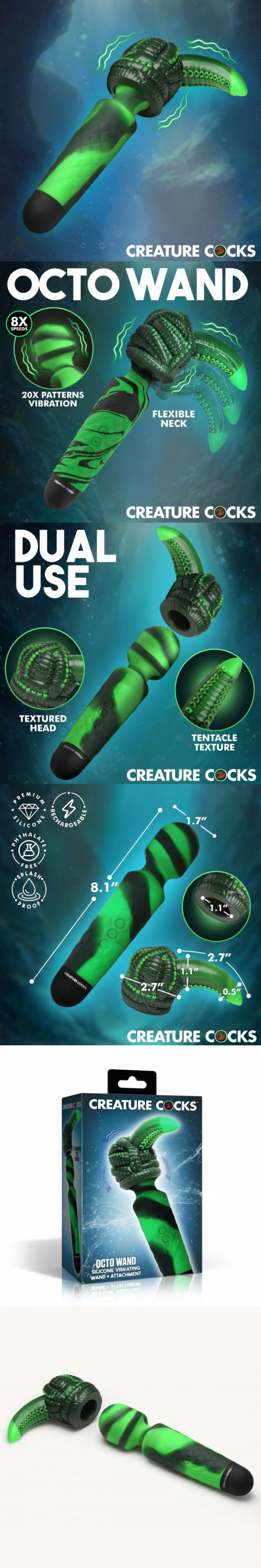 octo wand silicone vibrating wand w/ attachment fantasy wand vibrator