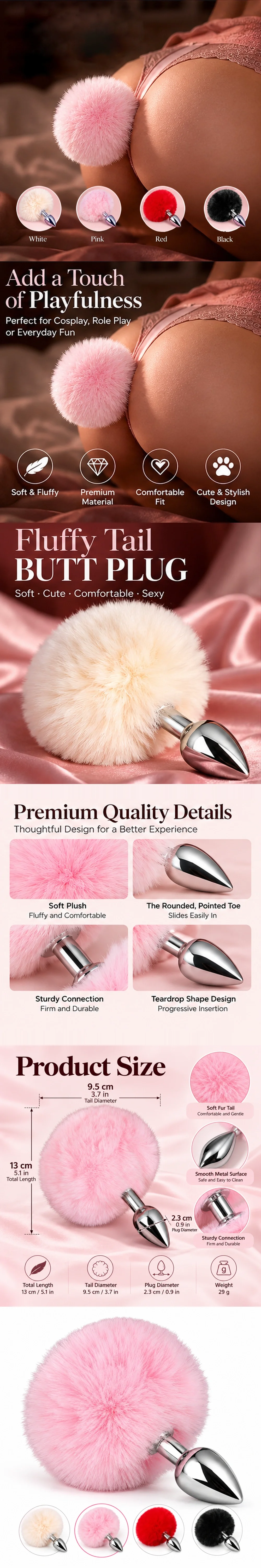 Venusfun BDSM Erotic Rabbit Tail Anal Plug 4 Colors Adult Toy for Couple
